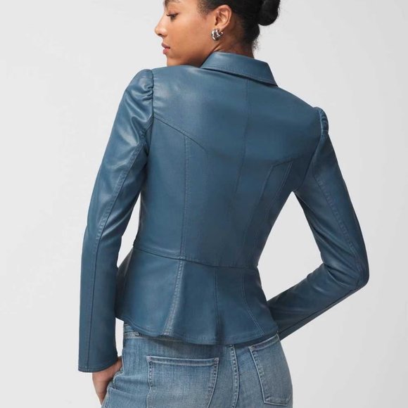WHBM $200 Coated Denim Peplum Jacket Blue True Indigo - Picture 5 of 10
